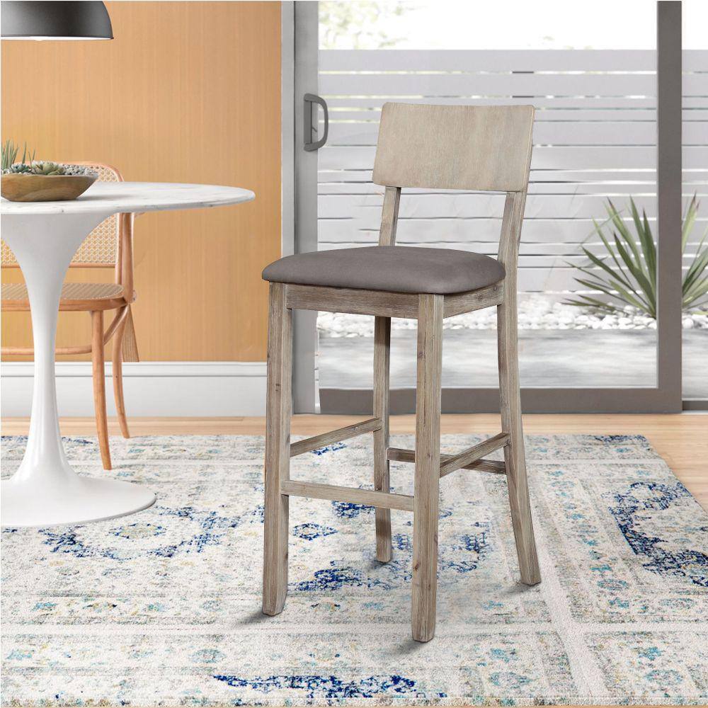 Benjara 43.5 in. H Gray Washed Wooden Bar Stool with Curved Backrest and Padded Seat BM143905