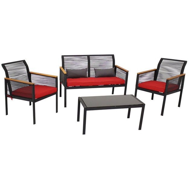 Sunnydaze Outdoor Rattan Coachford Patio Conversation Furniture Set With Loveseat Chairs Seat Cushions And Coffee Table 4pc