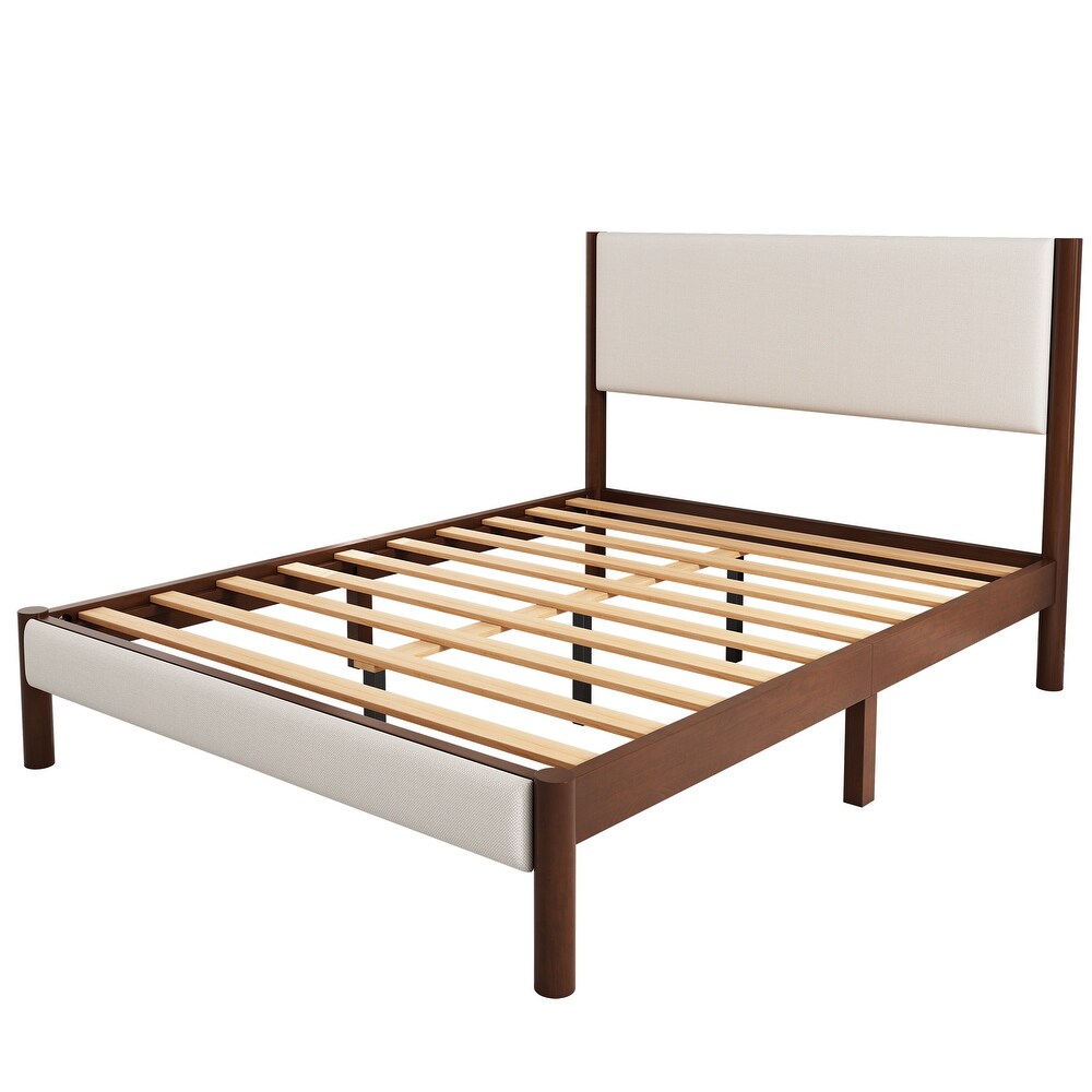 Queen Size Mid Century Modern Upholestery Platform Bed Frame with Upholstered Headboard  No Box Spring Needed  Walnut