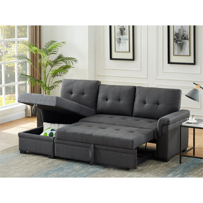 Pemberly Row Linen Fabric Reversible Sleeper Sofa Storage Chaise in Gray