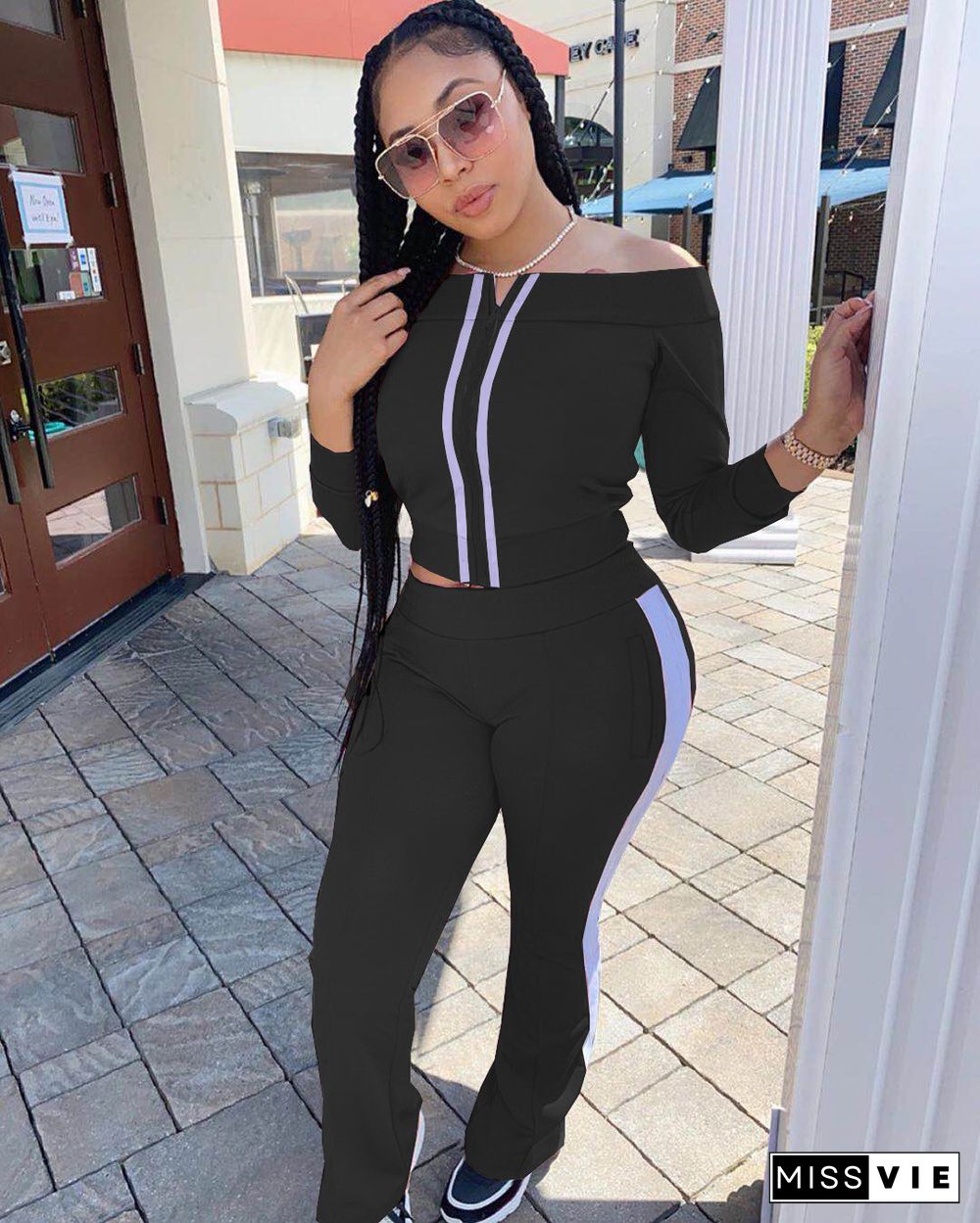 Solid Off Shoulder Zipper Top Side Striped Pants Sport Suit