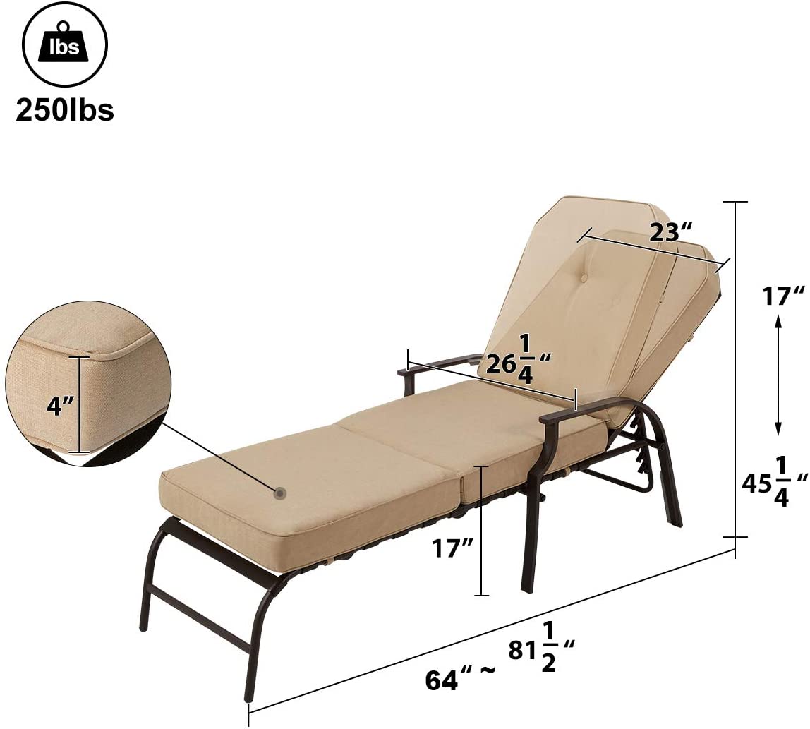 YODOLLA Adjustable Patio Lounge Chair with Thick Cushion Outdoor Chaise Lounge Recliner, Beige