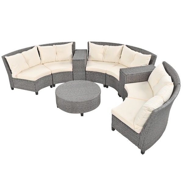 Patio Furniture Sets for 6，FanShaped All Weather Outdoor HDPE Rattan Sofa with Cushions and Table，Suitable for Garden，9Piece