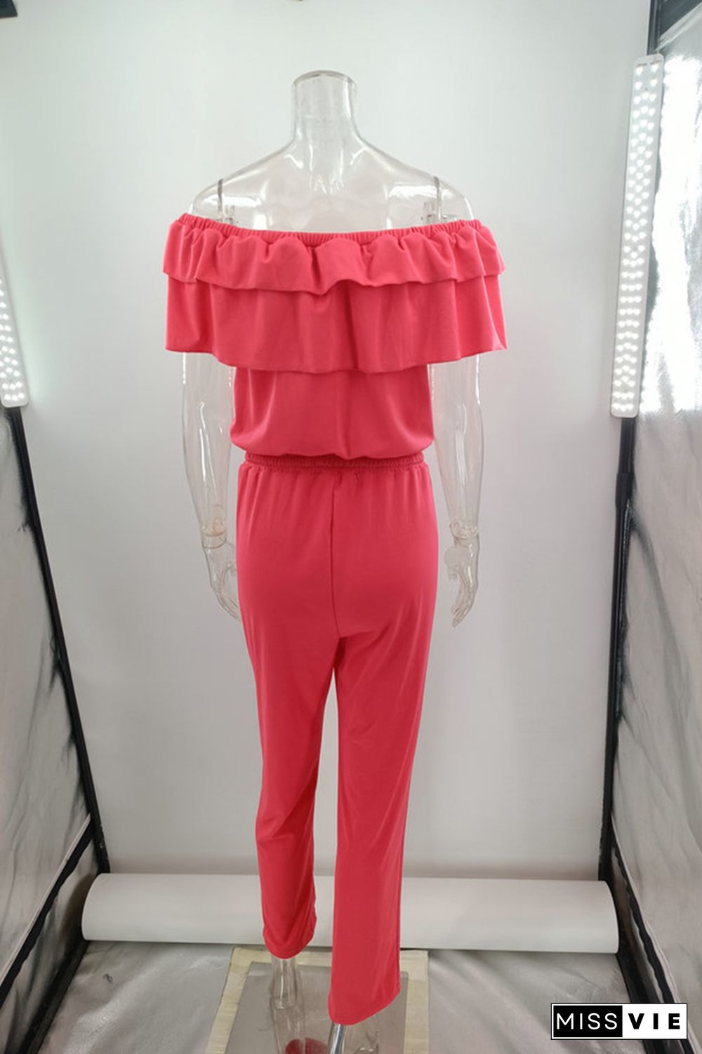 Plain Off Shoulder Ruffle Drawstring Jumpsuits