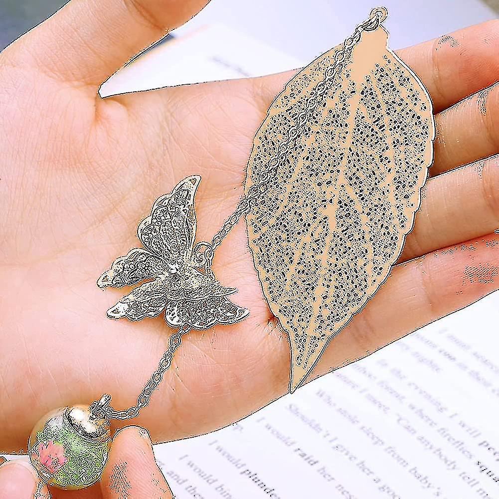 Exquisite Metal Leaf Bookmark. With 3d Butterfly And Glass Beads Eternal Dry