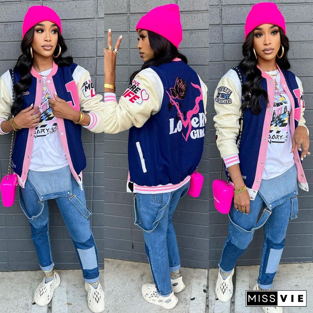 Color Contrast Print Loose Baseball Jacket