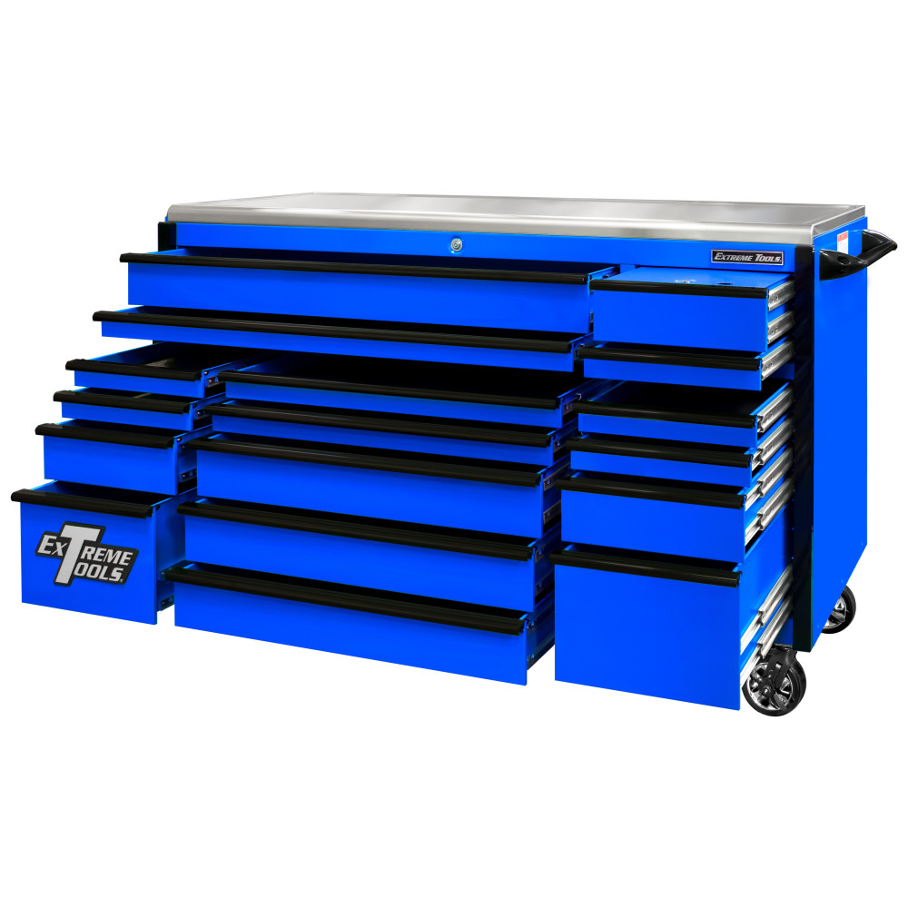 Extreme Tools 72 Blue Roller Cabinet with Black Drawer Pulls