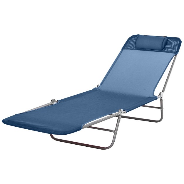 Outsunny Foldable Outdoor Chaise Lounge Chair 5 level Reclining Camping Tanning Chair With Breathable Mesh Fabric And Headrest Dark Blue