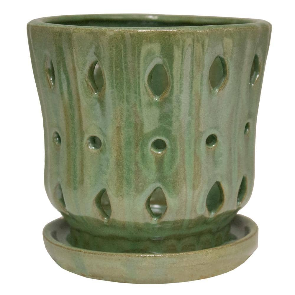 Trendspot 5 in. Reactive Green Ceramic Orchid Planter CR11190S-050C