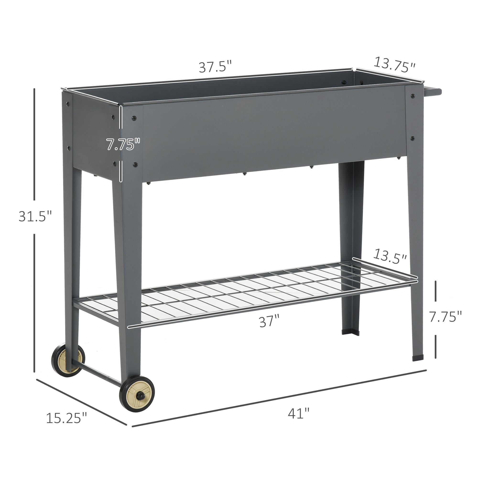 Outsunny 41" x 15" x 32" Raised Garden Bed Elevated with Wheels, Metal Elevated Planter Box with Bottom Shelf for Storing Tools & Water Drainage Hole, Grey