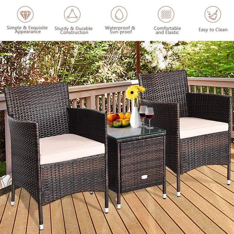 3 Pcs Rattan Patio Conversation Set Wicker Outdoor Furniture Set with Coffee Table & 2 Cushioned Sofa