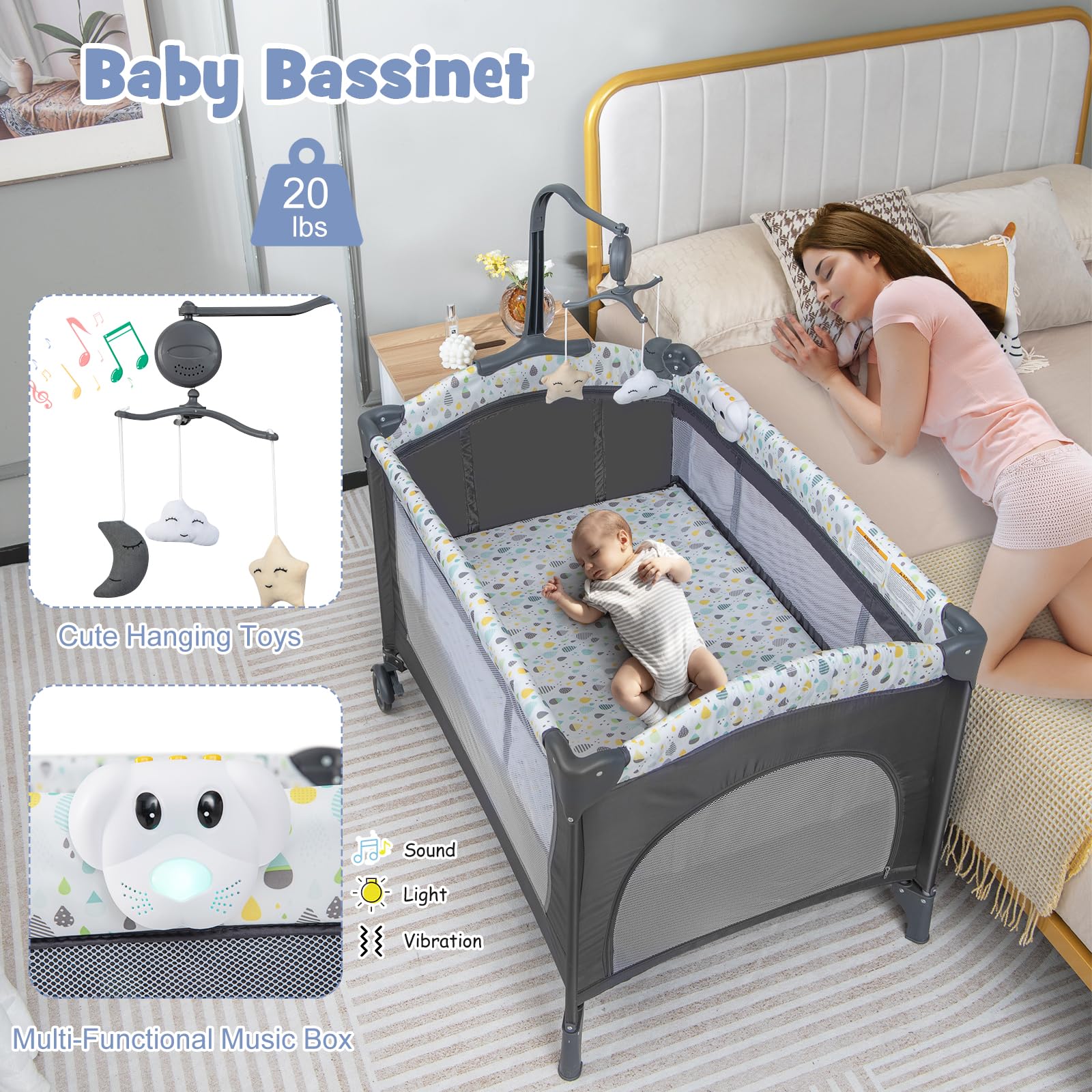 BABY JOY 4 in 1 Pack and Play, Portable Baby Playard with Bassinet