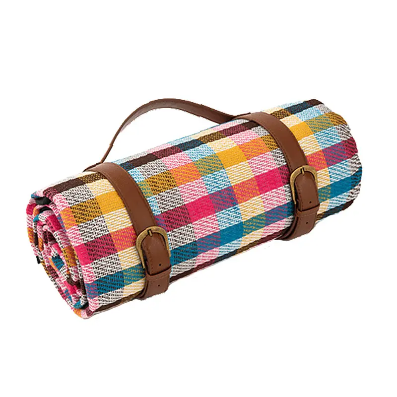 Foldable Waterproof Picnic Blanket Mat with Leather Strap Woven Plaid Outdoor Picnic Rug