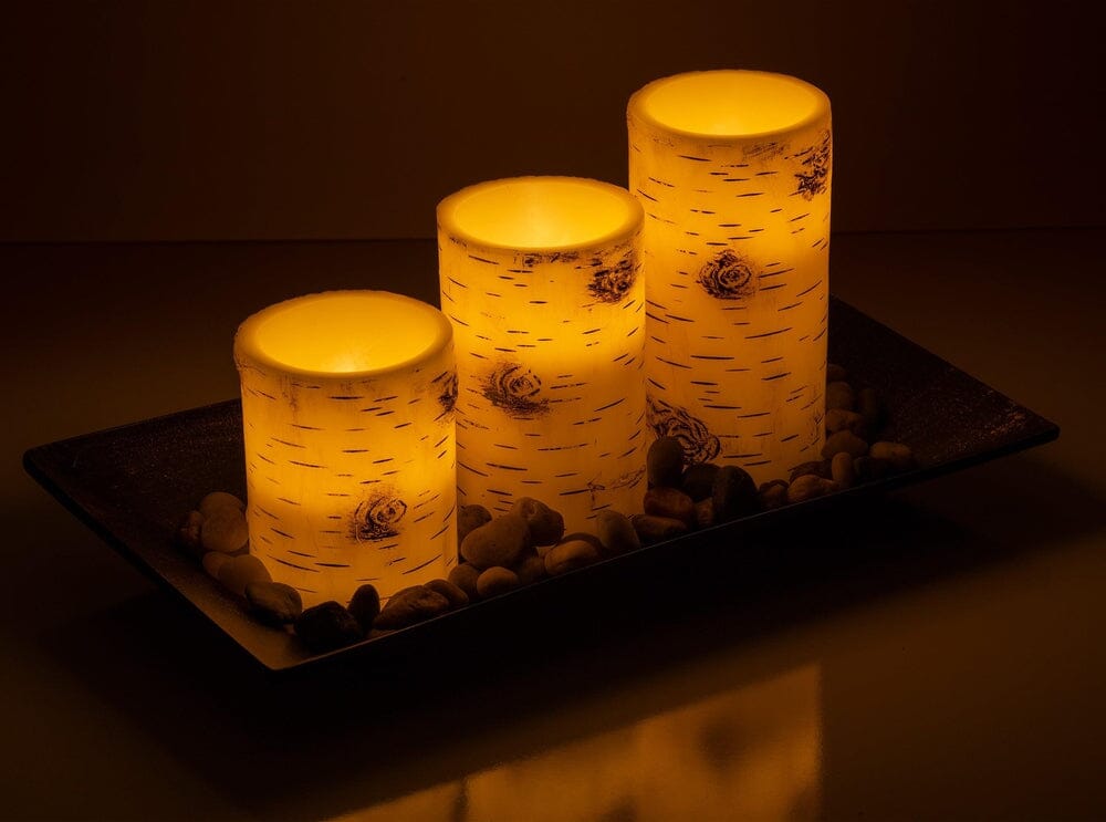 Birch Bark Candlescape Set, 3 LED Flickering Flameless Wax Candles, Decorative Tray, Rocks & Remote Control