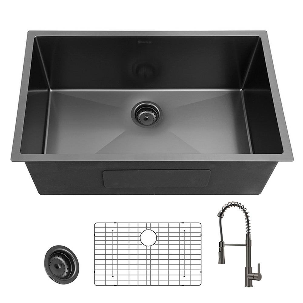 Glacier Bay Gunmetal Black Stainless Steel 27 in. 18-Gauge Single Bowl Undermount Kitchen Sink with Black Spring Neck Faucet ACS2718A1-F