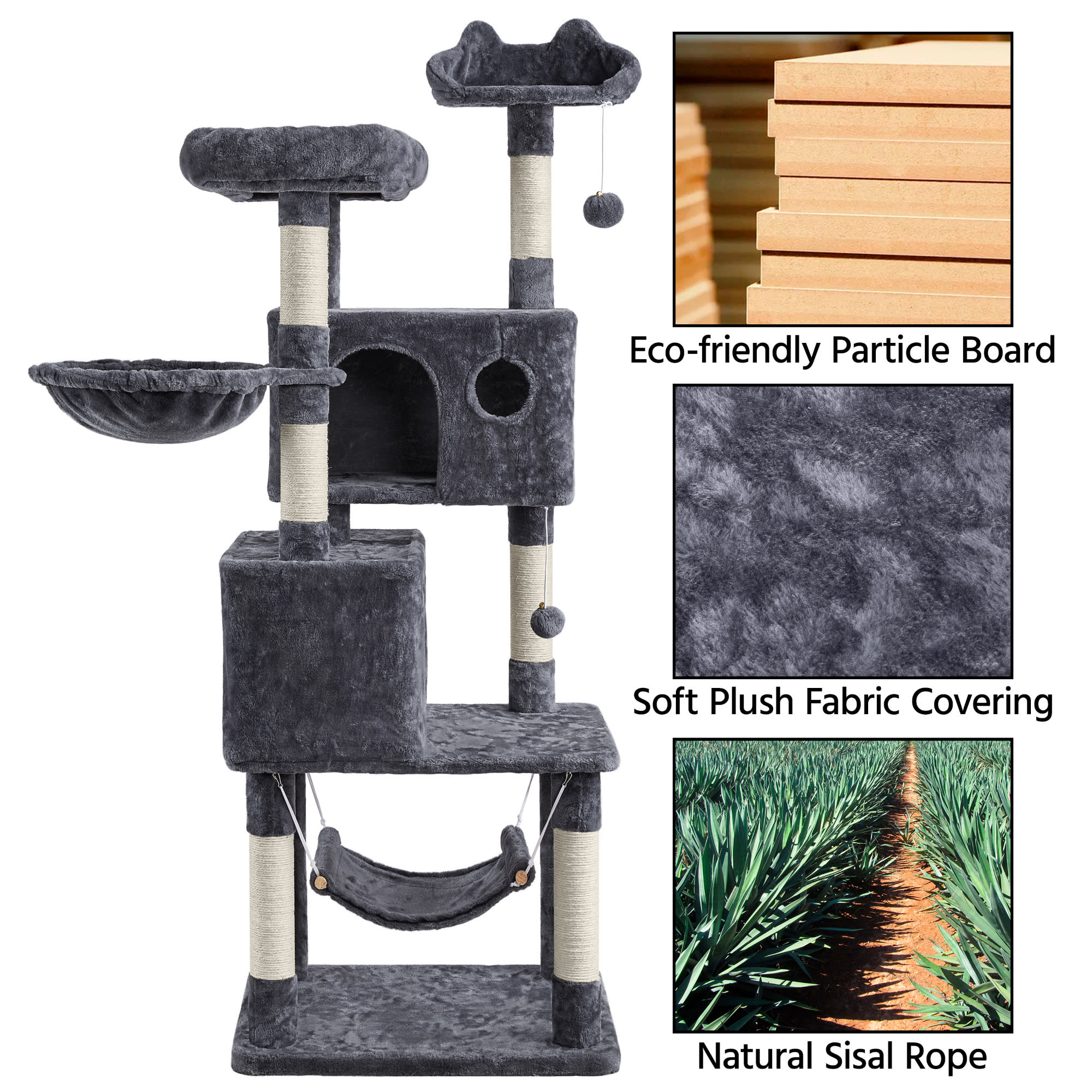 Topeakmart Dark Gray 4-Level Large Cat Tree with Wide Perch for Small Cats， 64.5