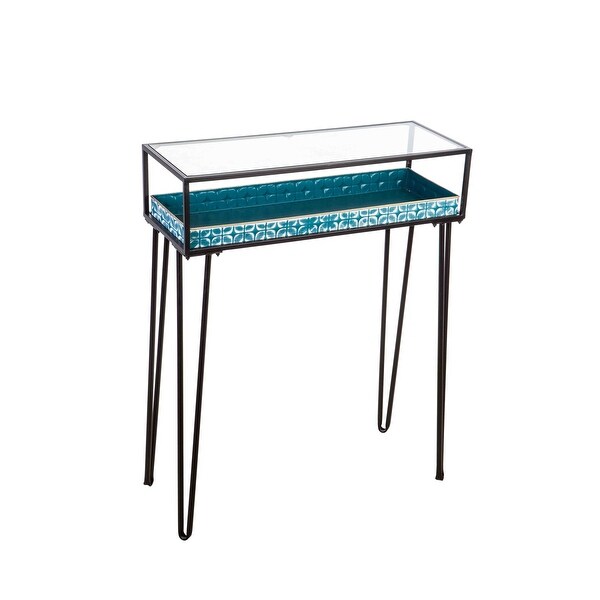 Metal Table with Glass Top and Teal Metal Planter Dish