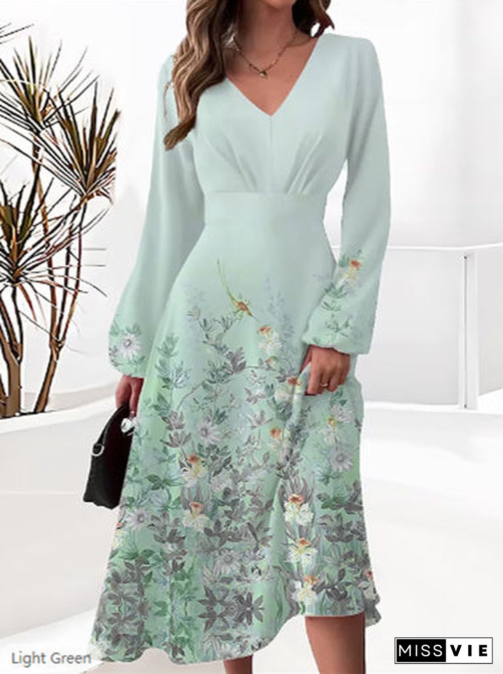 Women's Floral Solid Color Stitching V-neck Long Sleeve Dress