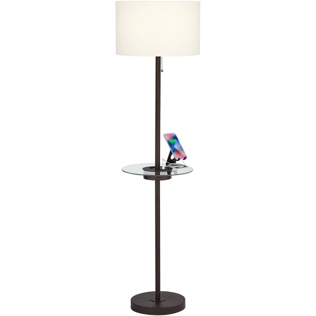 Tall Bronze Usb And Ac Power Outlet Off White Fabric Drum Shade For Living Room Office