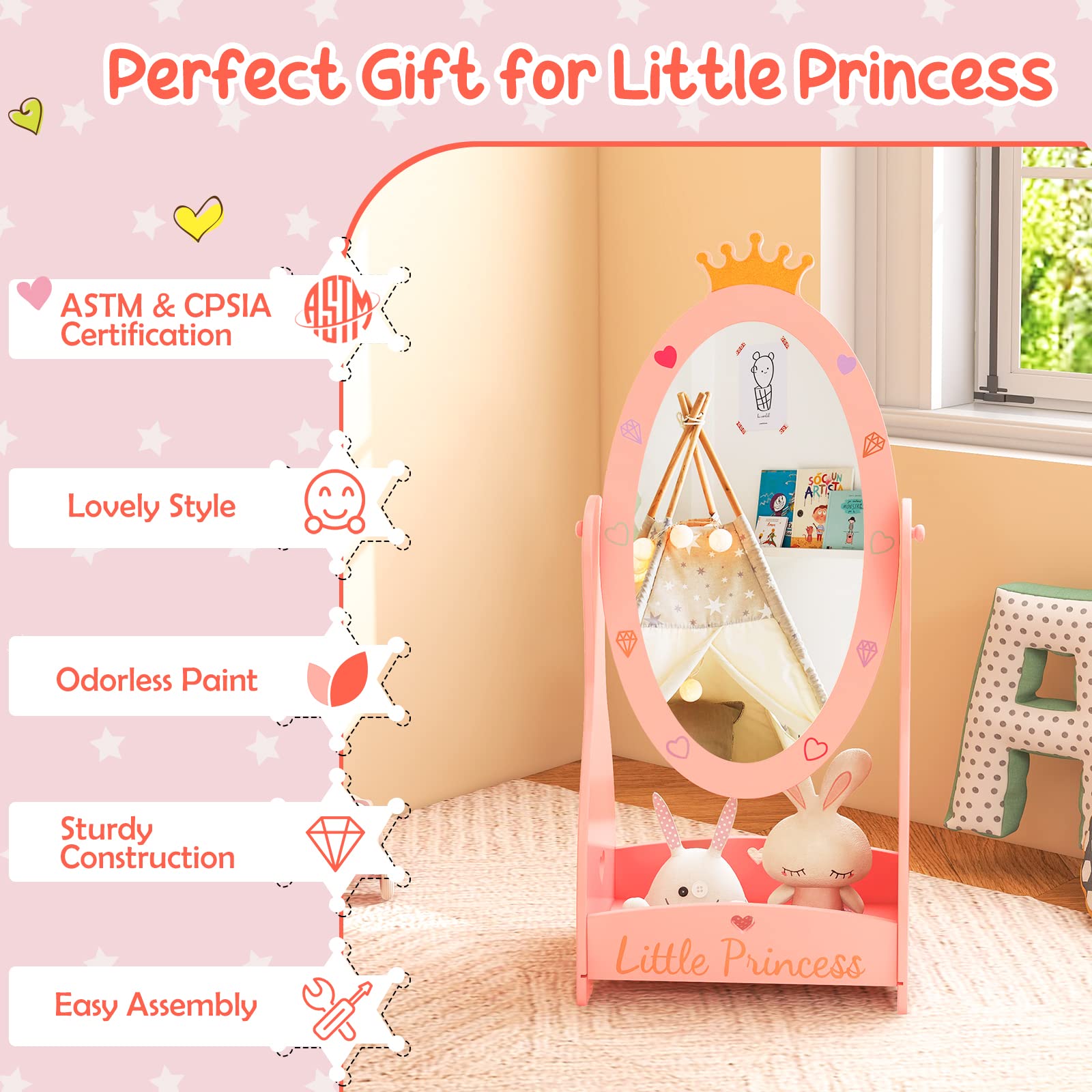 Costzon Kids Full Length Mirror, Princess Floor Free Standing Mirror