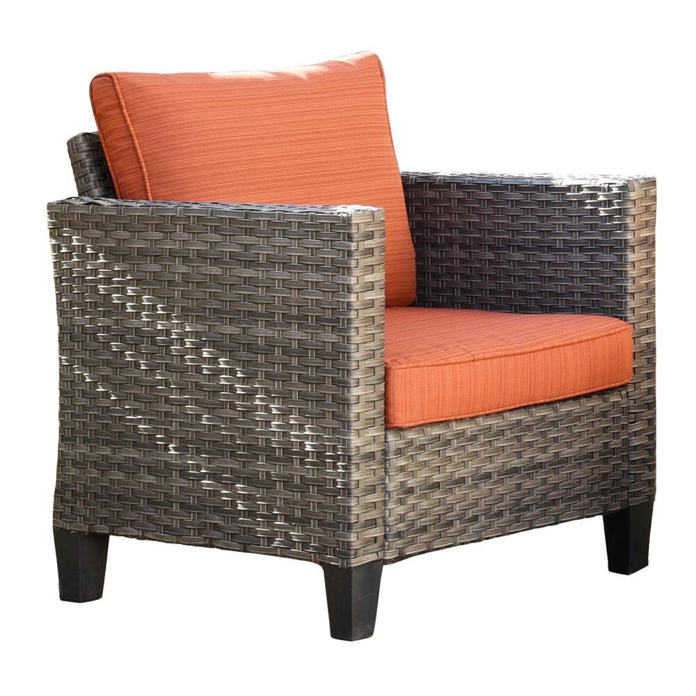 OVIOS New Vultros Gray 2Piece Wicker Outdoor Lounge Chair with Orange Red Cushions