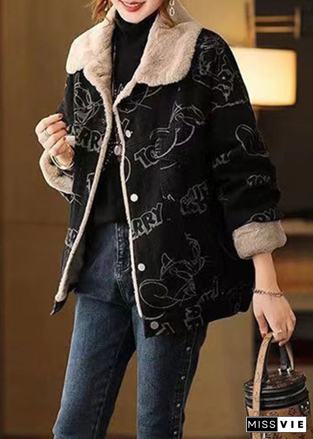 Plus Size Black Print Button Patchwork Warm Fleece Coat Winter