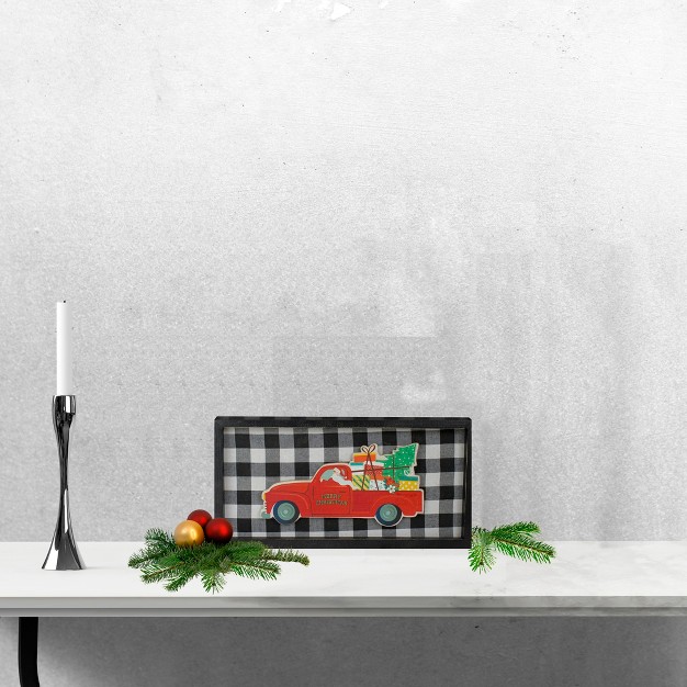 Northlight 16 Black And White Buffalo Plaid Santa Farm Truck Wooden Christmas Plaque