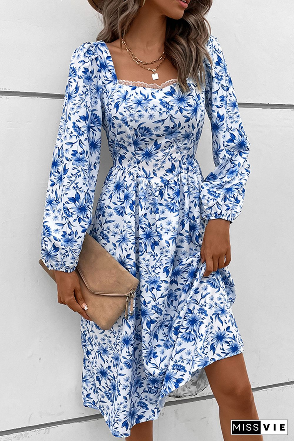 Blue Square Neck Elastic Waist Floral Dress