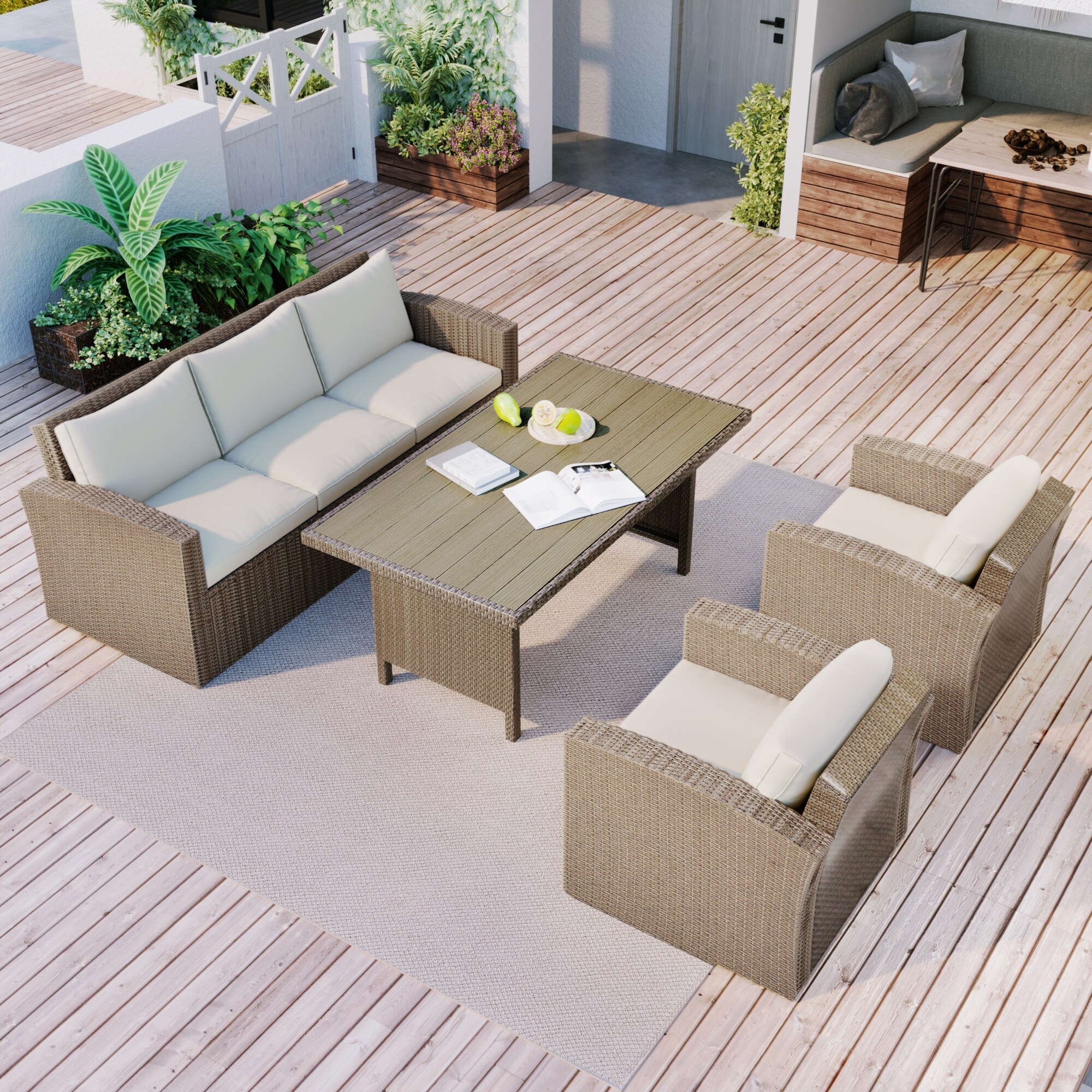 4-Pieces Outdoor Patio Garden Conversation Furniture Set for 5， PE Wicker Sectional Cushion Sofa Set for Any Outdoor or Places - Overstock - 37476149