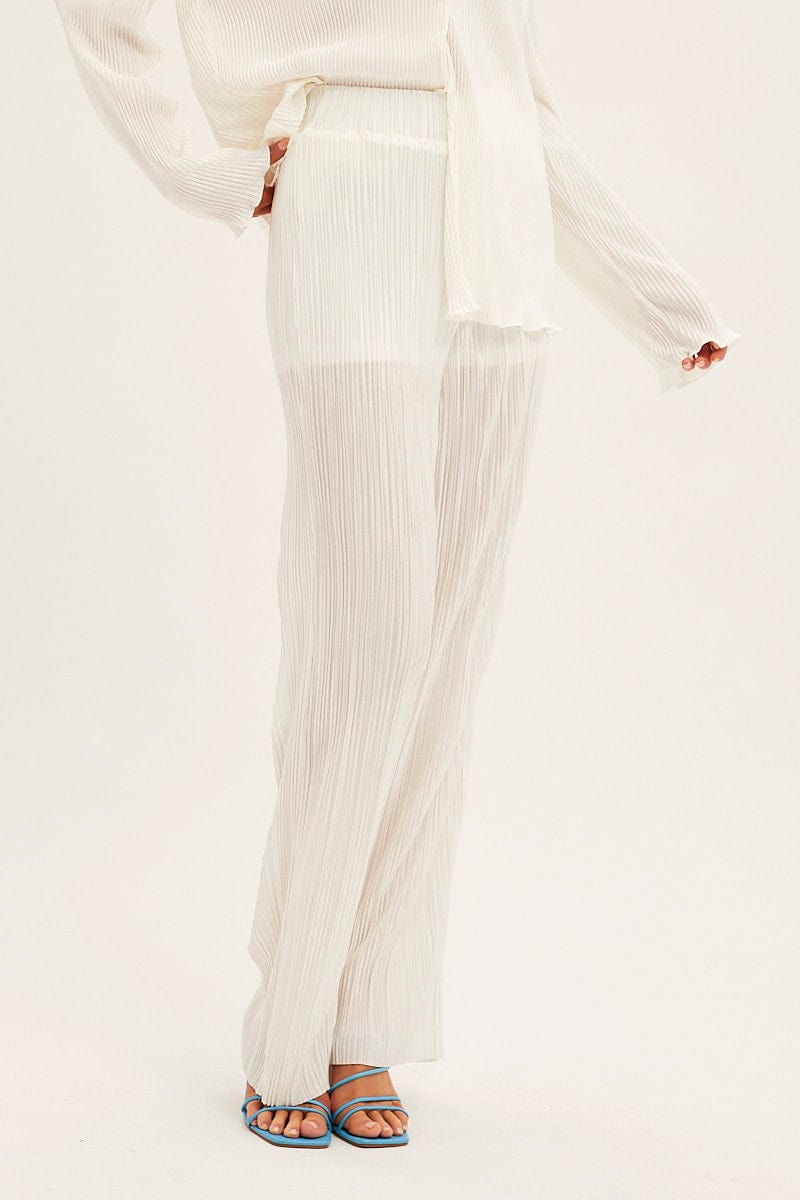 White Plisse Pants Wide Leg