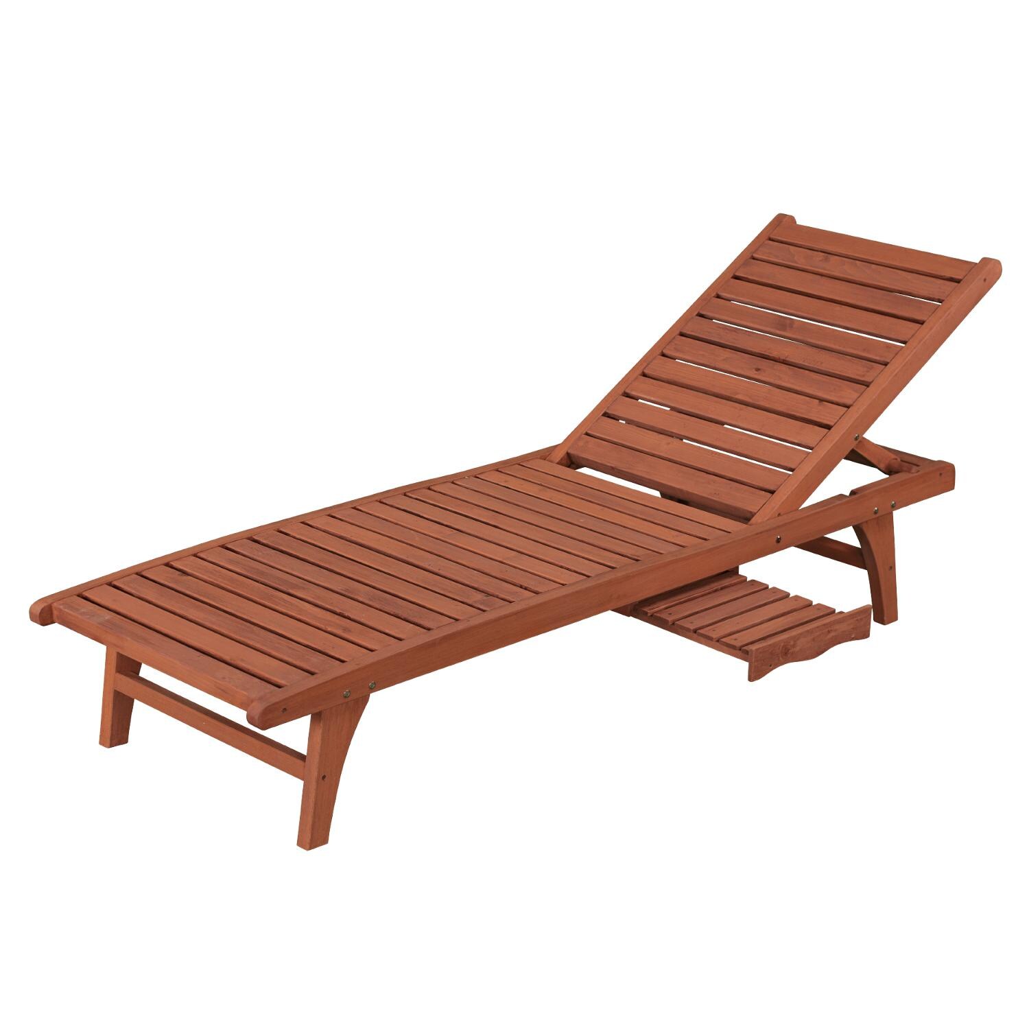 Leisure Season Wood Patio Chaise Lounge With Pull-Out Tray