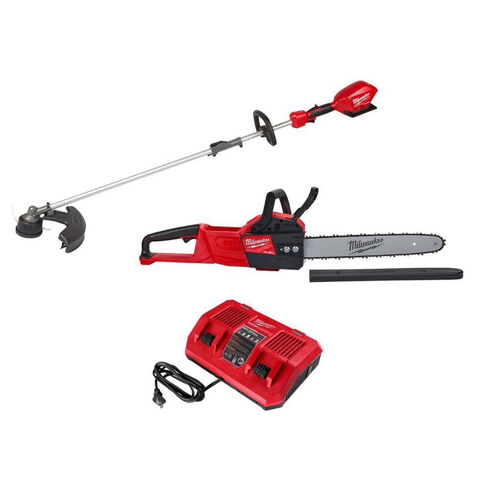 MW M18 FUEL 18V Lithium-Ion Brushless Cordless QUIK-LOK String Trimmer Chainsaw and Rapid Charger Combo Kit (3-Tool) 2825-20ST-2727-20-48-59-1802