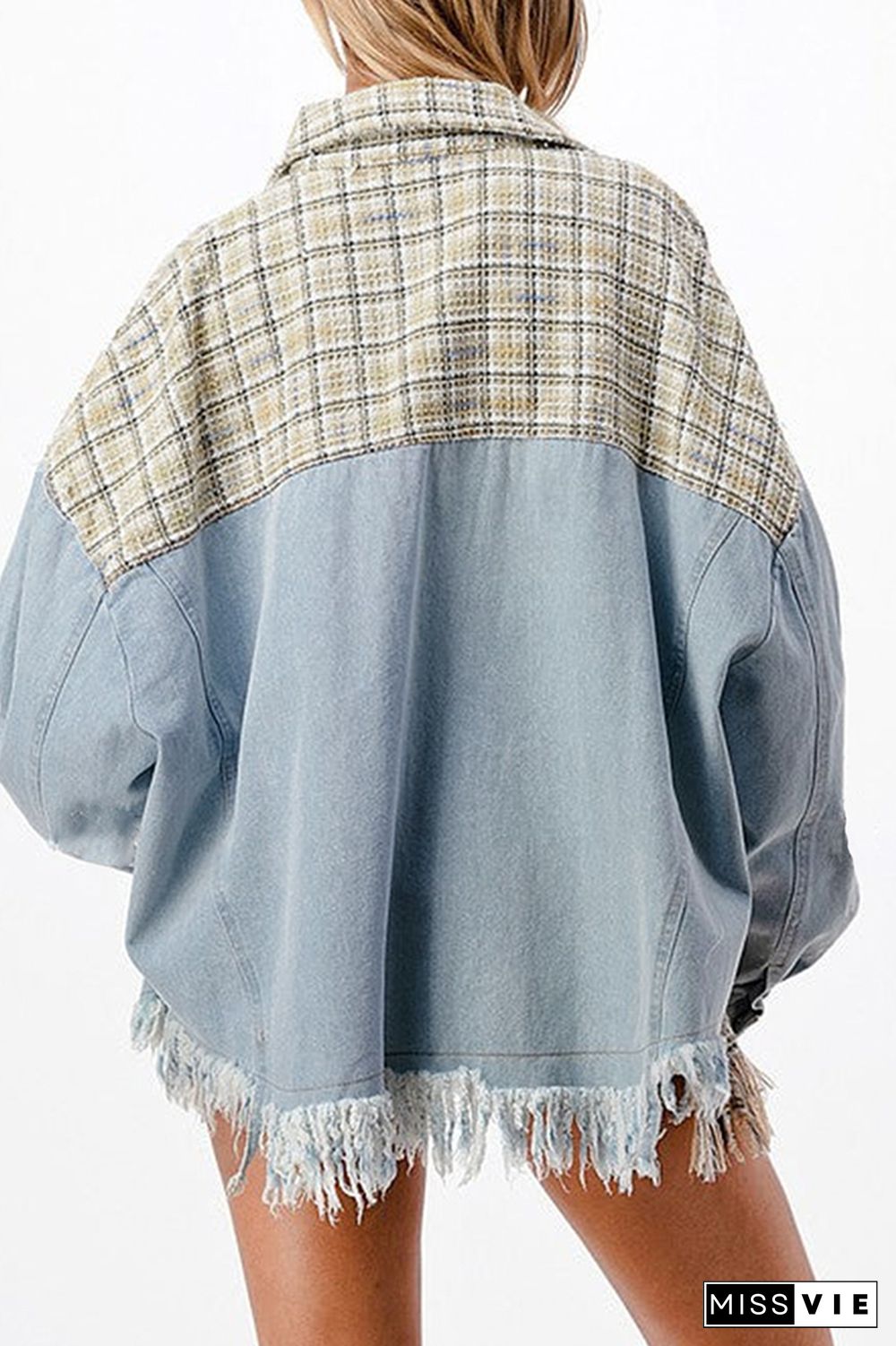 Lt Blue Ripped Denim Splicing Knit Plaid Pocketed Oversized Jackets