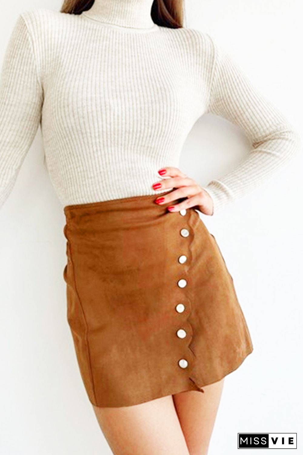 Scallop Edge Buttons Suede Skirt