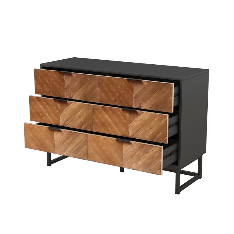 6 Drawers Dresser with Metal Leg and Handle for Bedroom  Storage Cabinet with Brown Wood Finish Drawer  Black+Brown