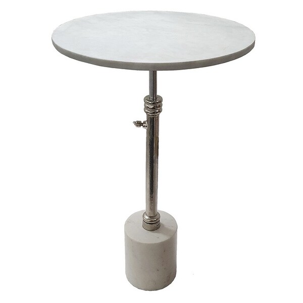 24 Inch Side Table， Aluminum Frame， Smooth Marble Top， Pedestal Base， White