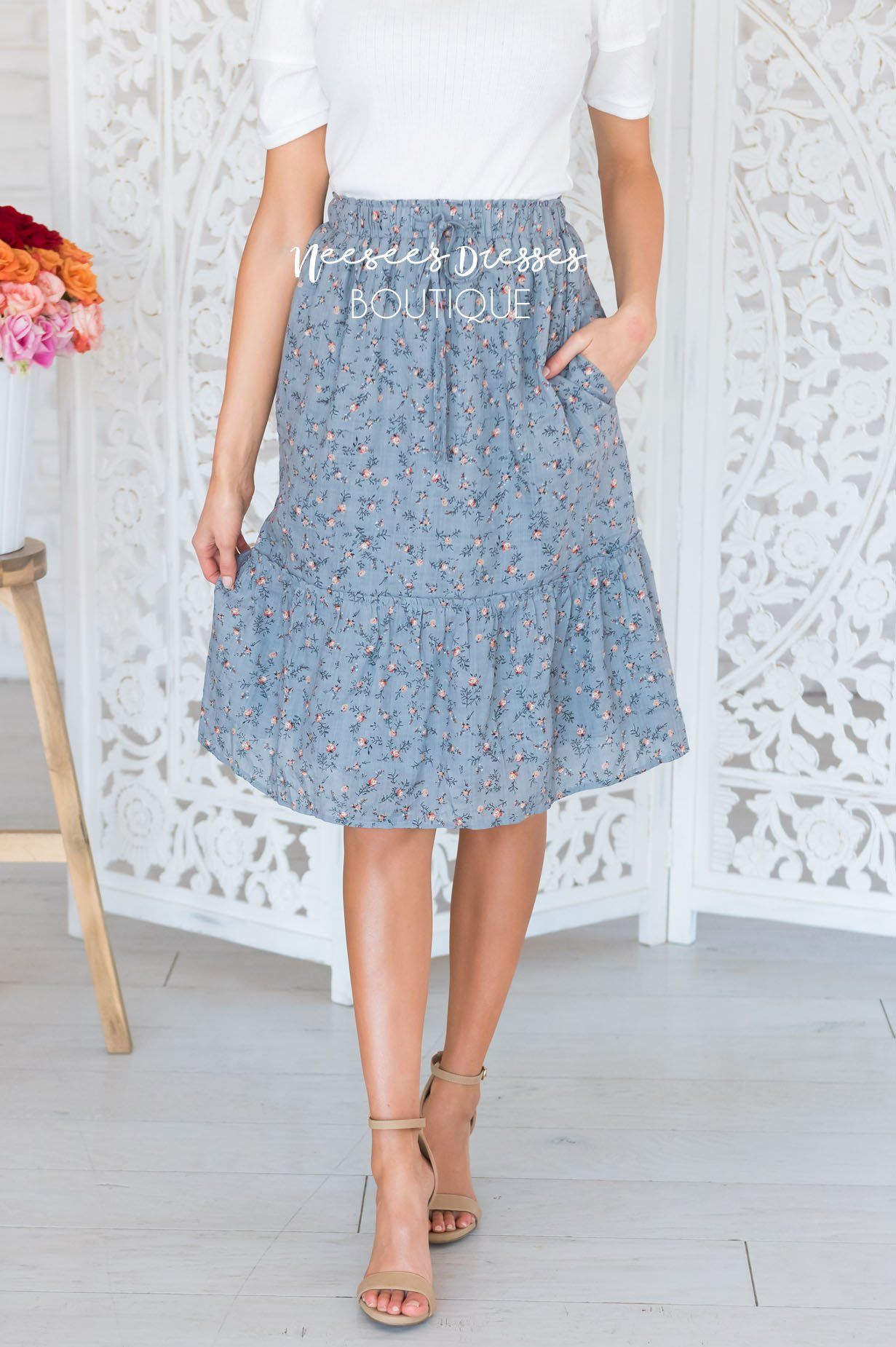 Antique Blue Floral Ruffle Skirt