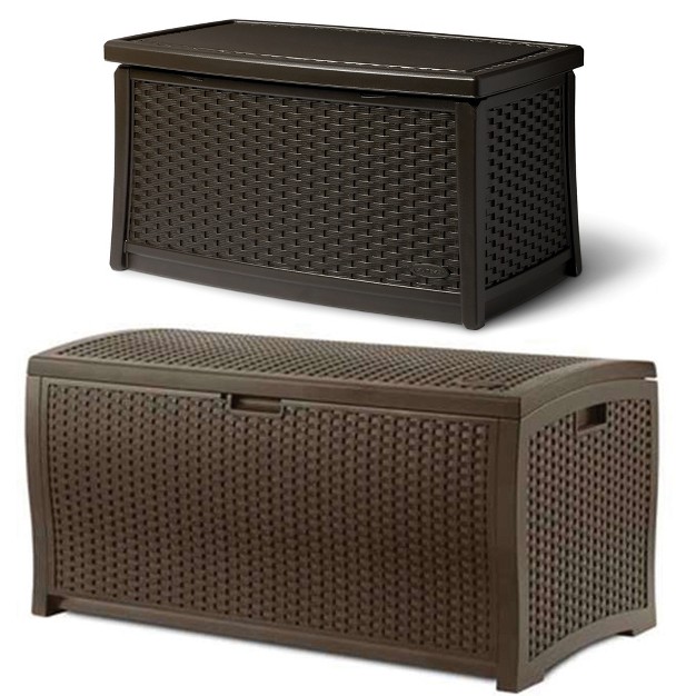 Suncast Outdoor Resin Wicker Coffee Table Java amp 73 Gal Resin Deck Box Mocha