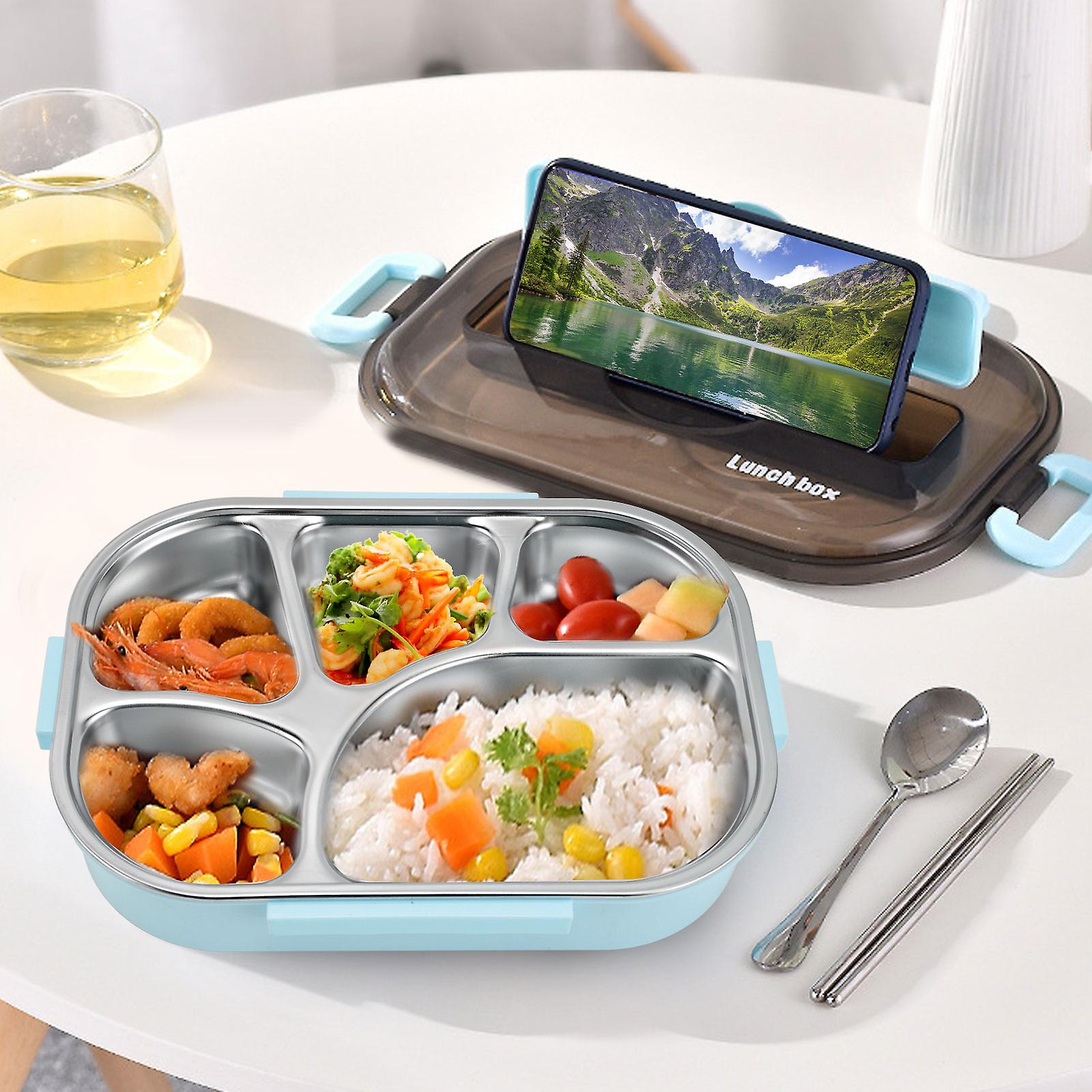 Thermal Lunch Box， 5 Compartments Lunch Box Portable Lunch Warmer Stainless Steel  With Chopsticks Spoon  For Home School1.3l[blue [send Chopsticks Sp