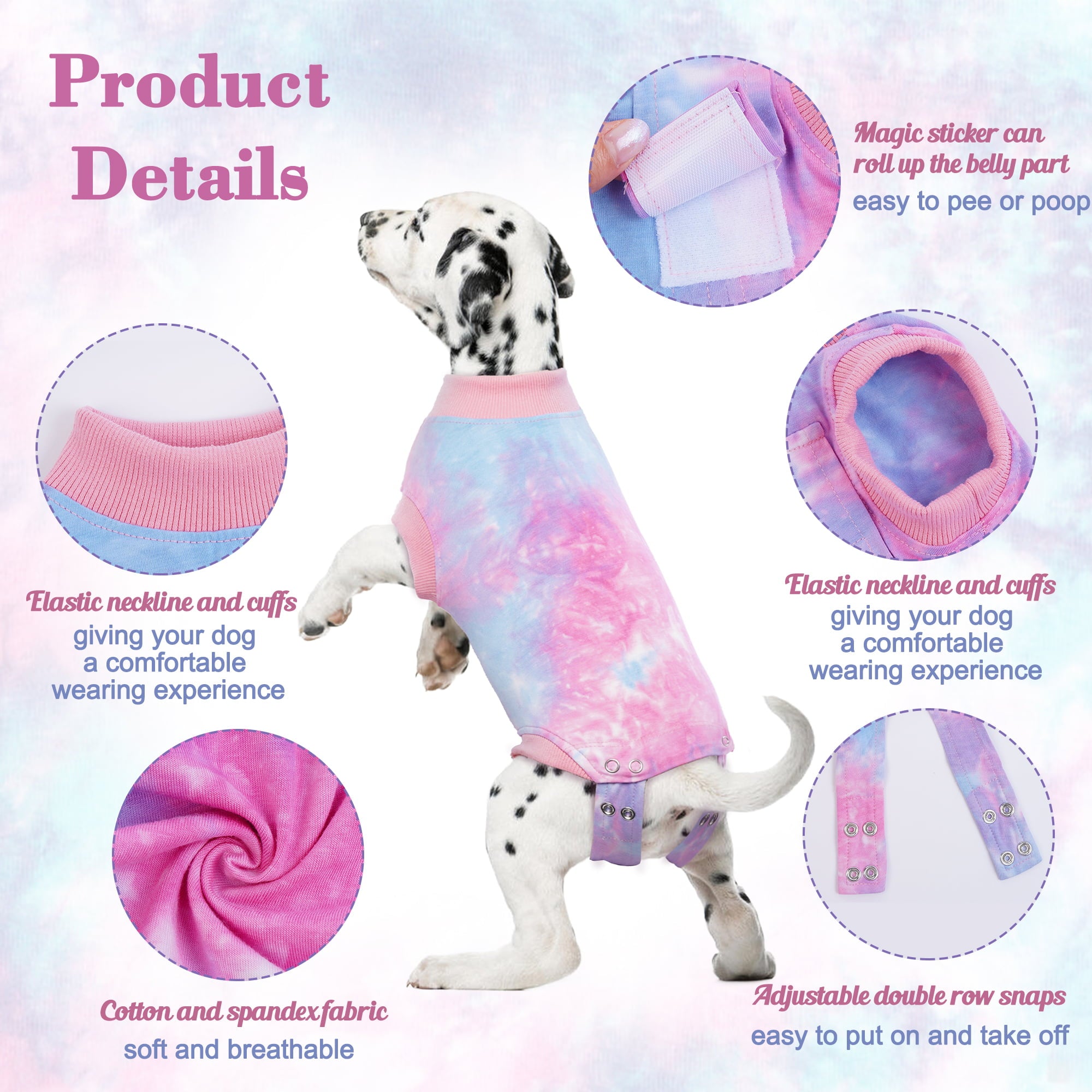 PUMYPOREITY Dog Surgery Recovery Suit， Tie-Dye Dog Onesie Recovery Suit After Surgery， Breathable Abdominal Wound Skin Diseases Protector， Cone Collar Alternative， Pet Dog Recovery Shirt， Pink