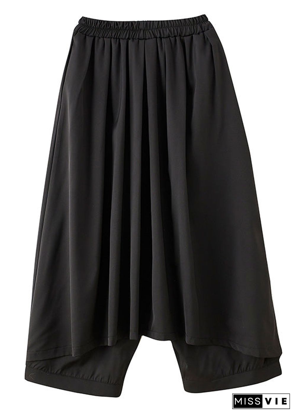 Casual Black Elastic Waist Pockets Solid Wide Leg Pants Skirt Summer