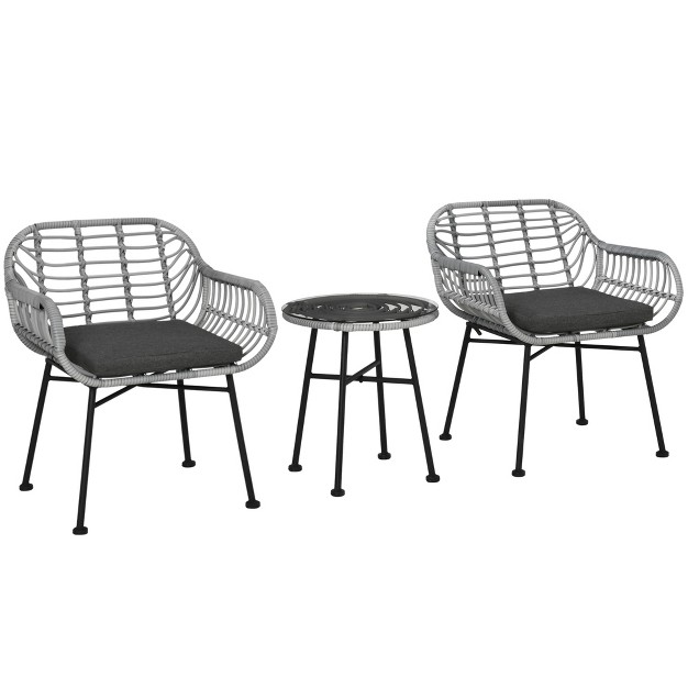 Outsunny 3 piece Patio Rattan Chair And Table Furniture Set Outdoor Bistro Set With Two Chairs And Coffee Table For Garden Or Backyard