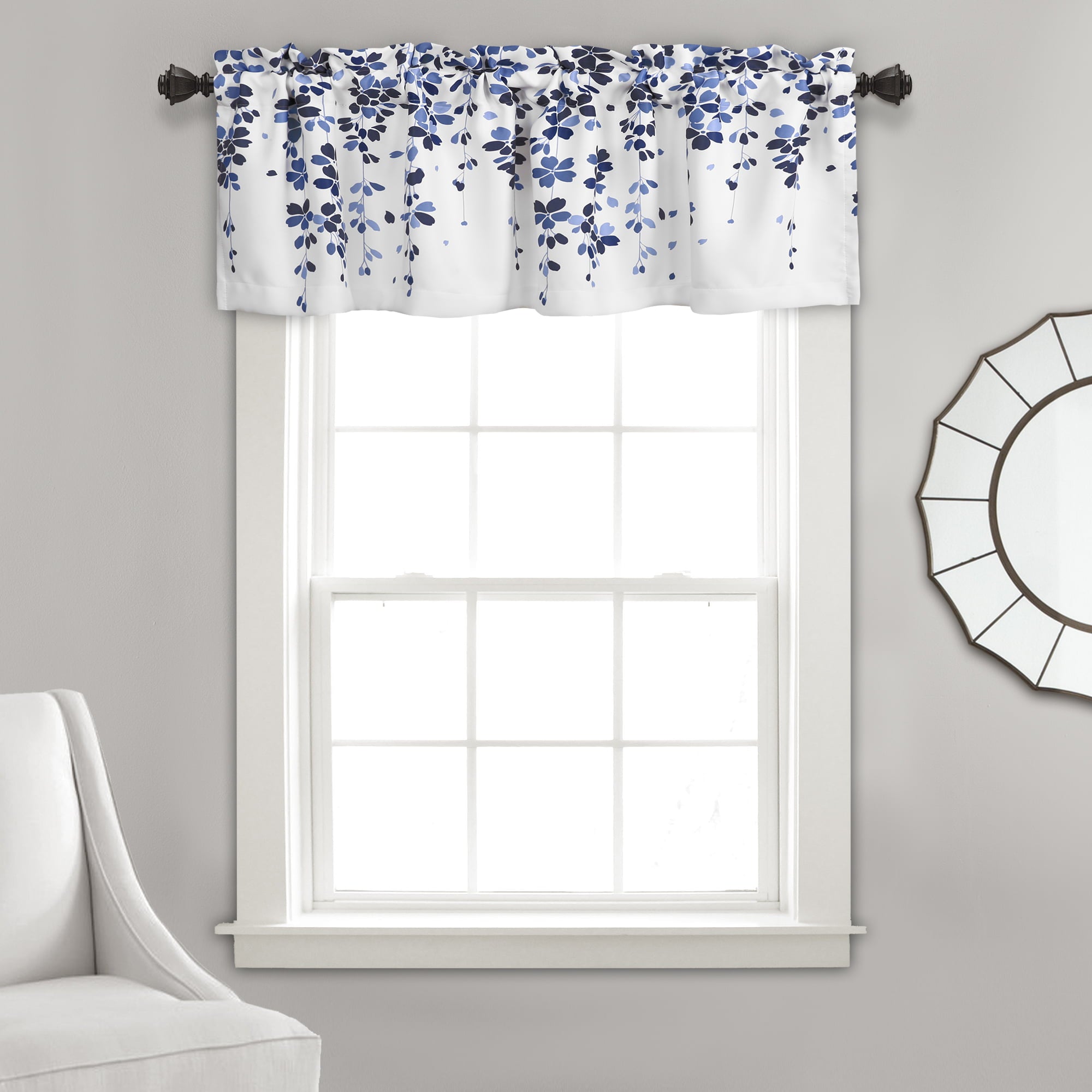 Lush Decor Weeping Flower Room Darkening 18" x 52" + 2" Header Floral Navy 100% Polyester 3" Rod Pocket Single Valance