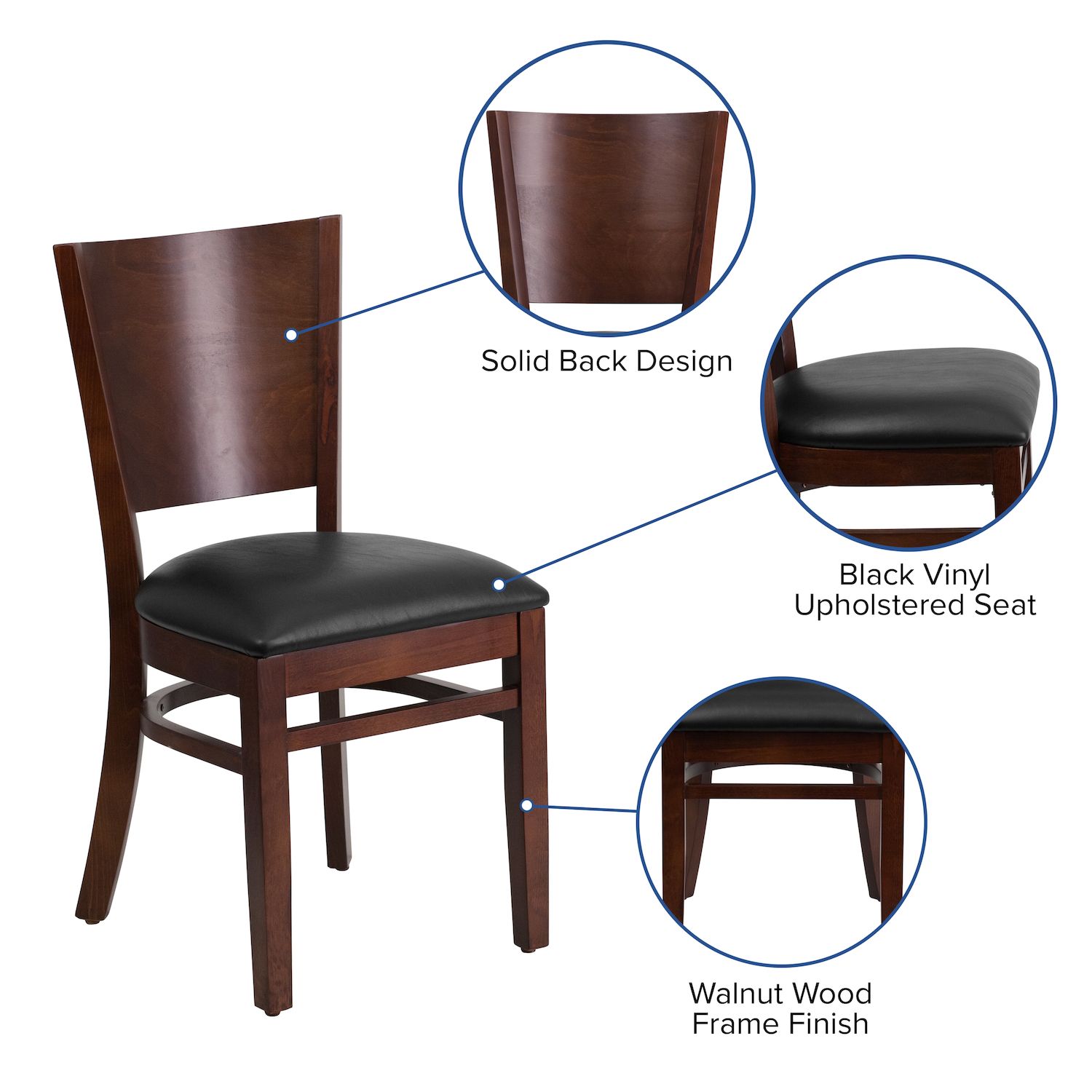 Emma and Oliver Solid Back Walnut Wood Chair， Black Vinyl Seat