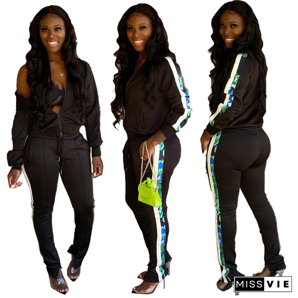 Side Striped Print Zip Sporty Jacket And Pants Set