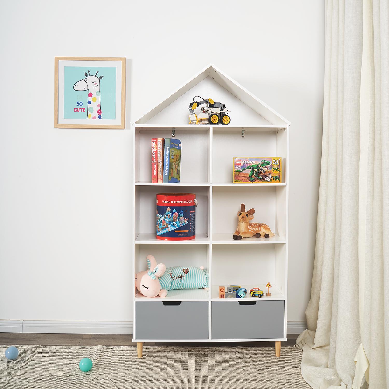 Kids Wooden 5 Shelf Bookcase， White and Gray