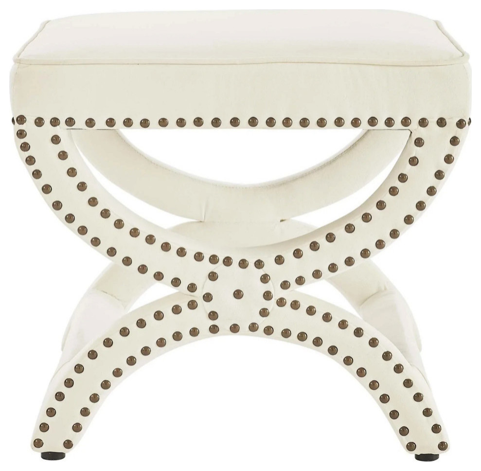 Paul Ivory Upholstered Nailhead Trim Performance Velvet Ottoman   Modern   Footstools And Ottomans   by Rustic Home Furniture Deco  Houzz