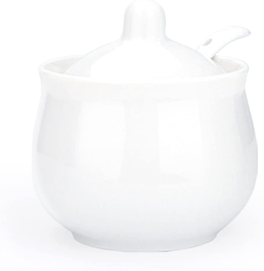 Porcelain Sugar Bowl with Lid and Spoon， Ceramic Salt Storage Jar， White Seasoni