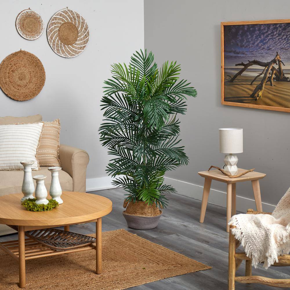 Nearly Natural 5 ft. Areca Artificial Palm Tree in Boho Chic Handmade Cotton and Jute Gray Woven Planter UV Resistant (Indoor/Outdoor) T2929