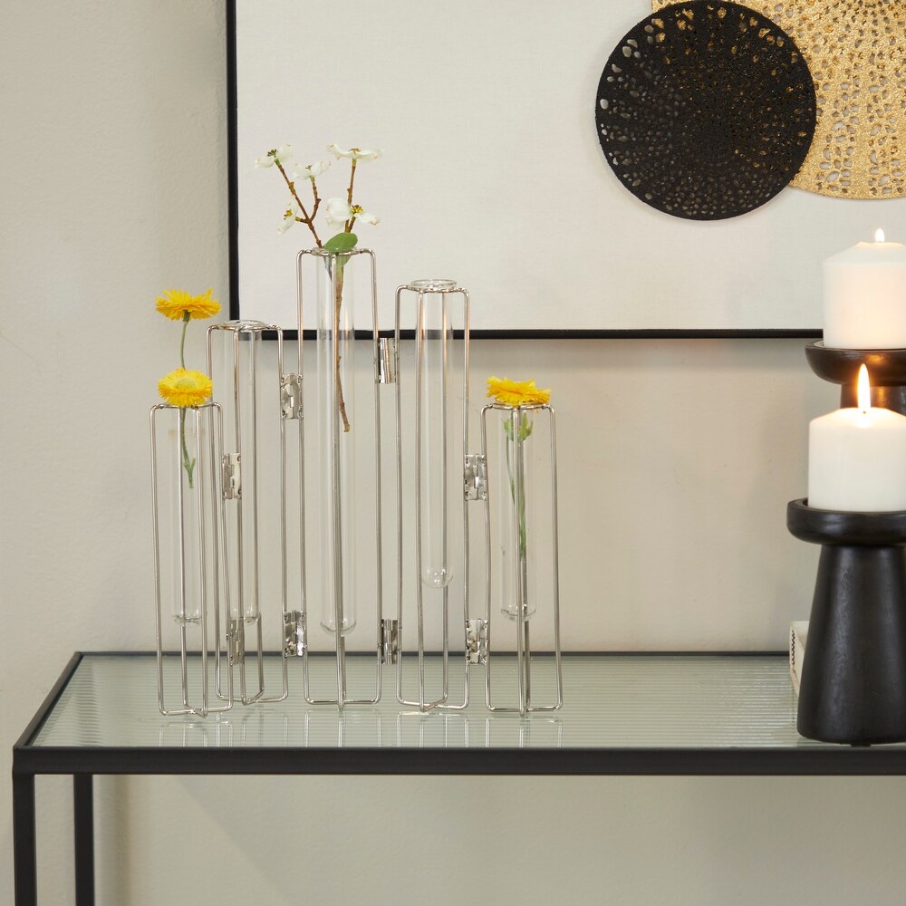Gold or Silver Metal Foldable Vase with Clear Glass Tubes